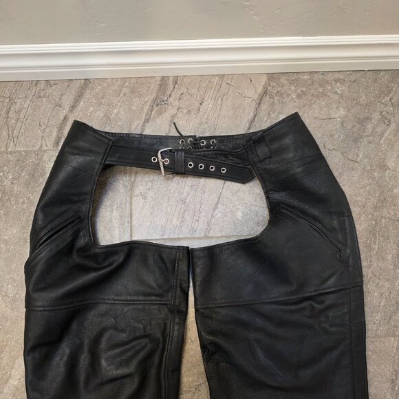 Vintage asphalt black zipper Leather Motorcycle Biker Chaps Mens XXL - Picture 2 of 16